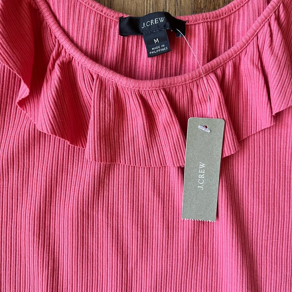 NWT J. Crew Pink‎ Ruffle Ribbed Tank Top Women’s Sz M Summer Casual Vacation - Picture 3 of 8